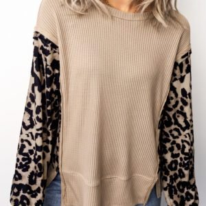 Gray Morn Leopard Sleeve Waffle Knit Split Hem Top