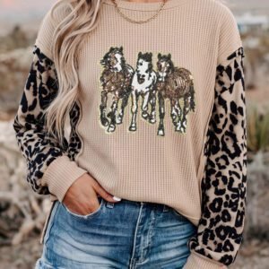 Gray Morn Sequined Western Horse Graphic Leopard Sleeve Patchwork Waffle Knit Top