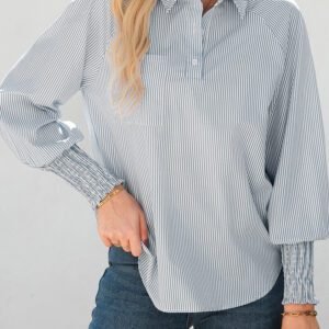 Gray Pinstripe Long Sleeve Smocked Cuffs Button Shirt Collar Blouse