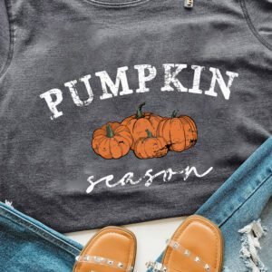 Gray Pumpkin Season Graphic Round Neck Short Sleeve T-Shirt