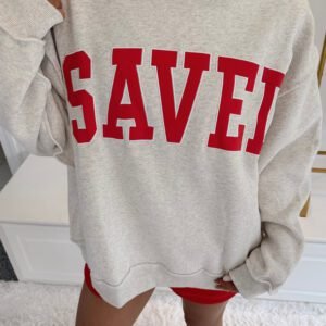 Gray Saved By Grace Embroidered Detail Letter Graphic High Neck Sweatshirt