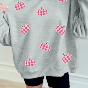 Gray Sequined Pumpkin Graphic Mock Neck Baggy Pullover Sweatshirt