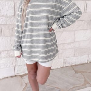 Gray Stripe Long Sleeve Round Neck Tunic Top