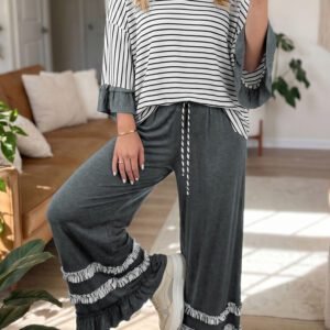 Gray Stripe V Neck Ruffle Contrast Sleeve Top Drawstring Pants 2pcs Set