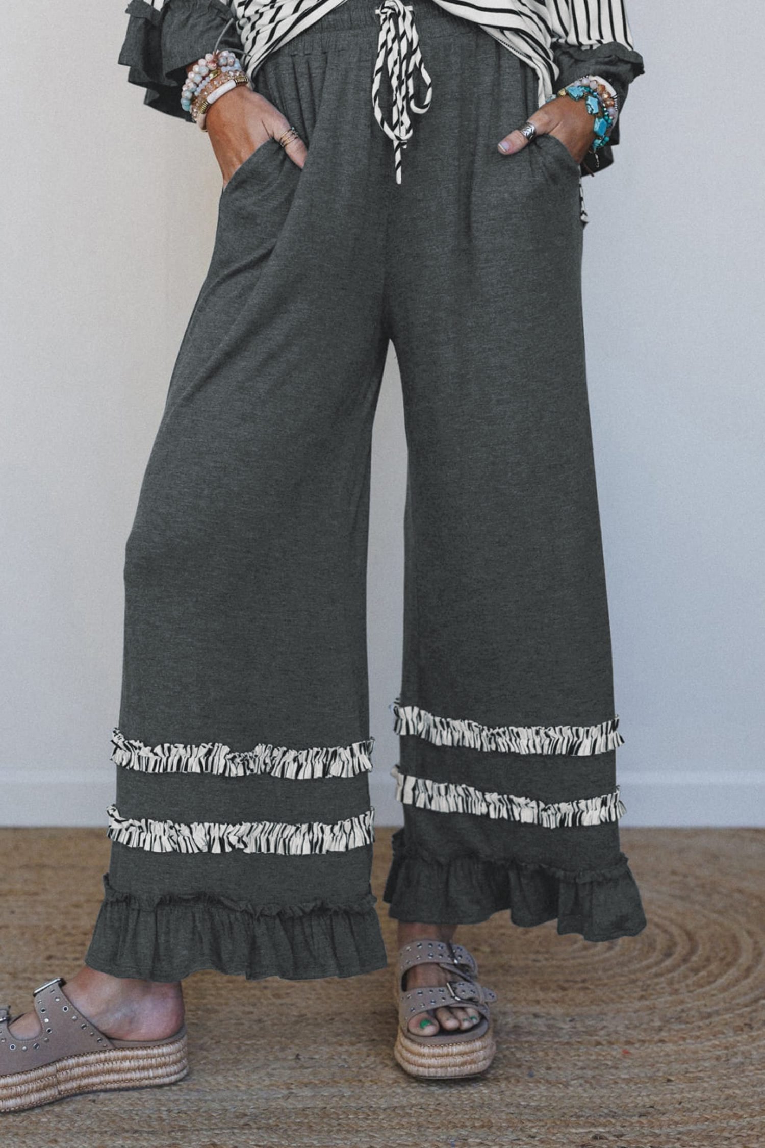 Gray Stripe V Neck Ruffle Contrast Sleeve Top Drawstring Pants 2pcs Set