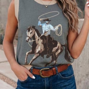 Gray Western Print Colorblock Trim Sleeveless Knitwear Vest