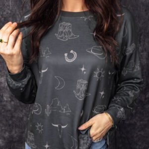 Gray Western Print Crew Neck Sweatshirt