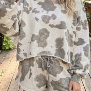 Gray Western Print Raw Hem Long Sleeve Top Drawstring Shorts Set