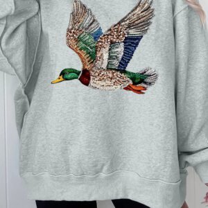 Gray Western Style Mallard Duck Printed Graphic Baggy Mock Neck Sweatshirt
