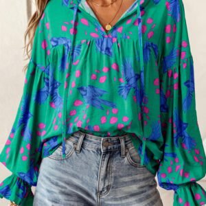 Green Abstract Print V Neck Flounced Puff Sleeve Blouse