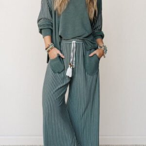 Green Bay Raw Seam Patchwork Long Sleeve Top Pocket Casual Pants 2pcs Set