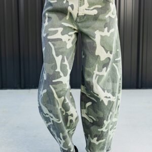 Green Camo Print Button Fly Straight Leg Ankle Length Jeans
