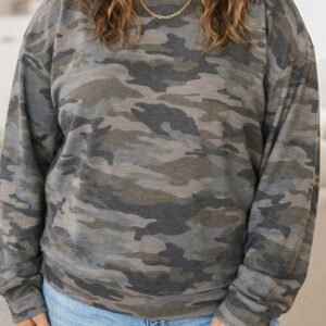 Green Camo Print Long Sleeve Plus Size Blouse