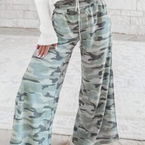 Green Camo Wide Leg Tie Elastic Waist Casual Pants