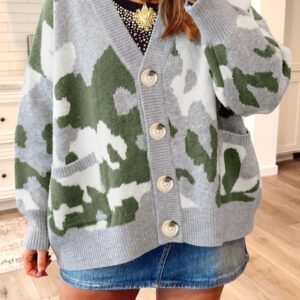 Green Camouflage Drop Shoulder V Neck Button Front Cardigan