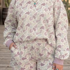Green Camouflage Print Waffle Textured Pullover and Shorts Plus Size 2pcs Set