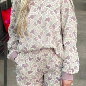 Green Camouflage Waffle Knit Long Sleeve Top Casual Shorts Set