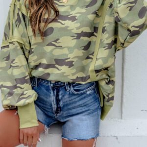 Green Camouflage Waffle Knit Raw Edge Contrast Trim Oversized Long Sleeve Top