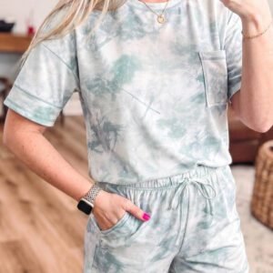 Green Casual Camouflage Short Sleeve Elastic Waist 2pcs Set