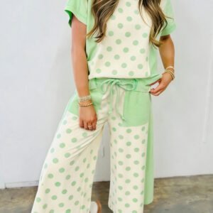 Green Color Block Patchwork Polka Dot Wide Leg Pant Set