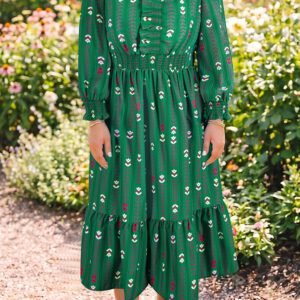 Green Floral Print V Neck Long Sleeve Shift Plus Size Dress