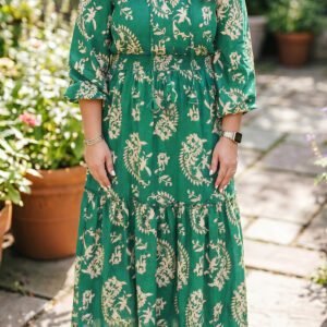 Green Floral Print V Neck Shift Dress Plus Size Dress