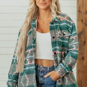 Green Geometric Print Button Front Long Sleeve Shacket