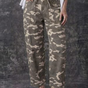 Green Leopard Printed Drawstring Elastic Waistband Pocketed Barrel Jeans