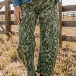 Green Paisley Print Harem Denim Pants