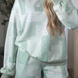 Green Patchwork Floral Print Drop Shoulder Baggy Pullover Drawstring Shorts Set