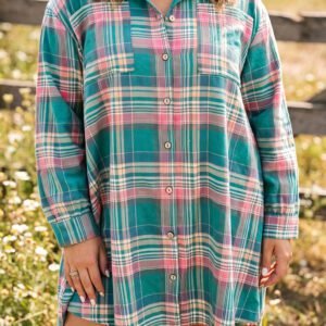 Green Plaid Button-Up Shift Long Sleeve V Neck Plus Size Dress