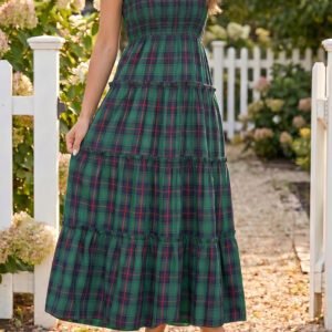 Green Plaid Ruffle Sleeveless Shirred Bodice Tiered Midi Dress