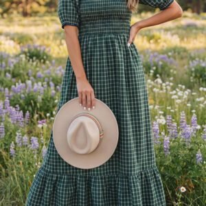 Green Plaid Square Neck Shirred High Waist Ruffle Hem Dress