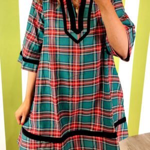 Green Plaid Velvet Trim Pockets Short Shift Dress
