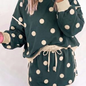 Green Polka Dot Print Color Block Trim Baggy Pullover Drawstring Skirt 2pcs Set