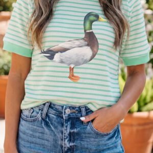 Green Stripe Casual Mallard Duck Raglan Graphic T-Shirt