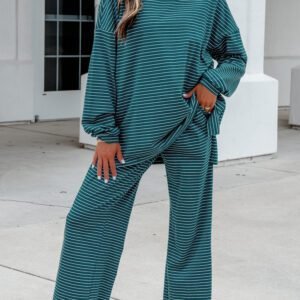 Green Stripe Dropped Shoulder Long Sleeve Top Elastic Waist Pants Casual 2pcs Set