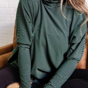 Green Stripe High Neck Dropped Shoulder Long Sleeve Casual Top