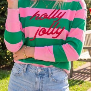 Green Stripe holly jolly Letter Embroidered Pullover Sweatshirt