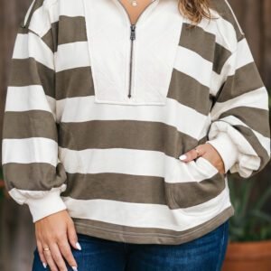 Green Stripe Plus Size Half Zipped Casual Sweatshirt
