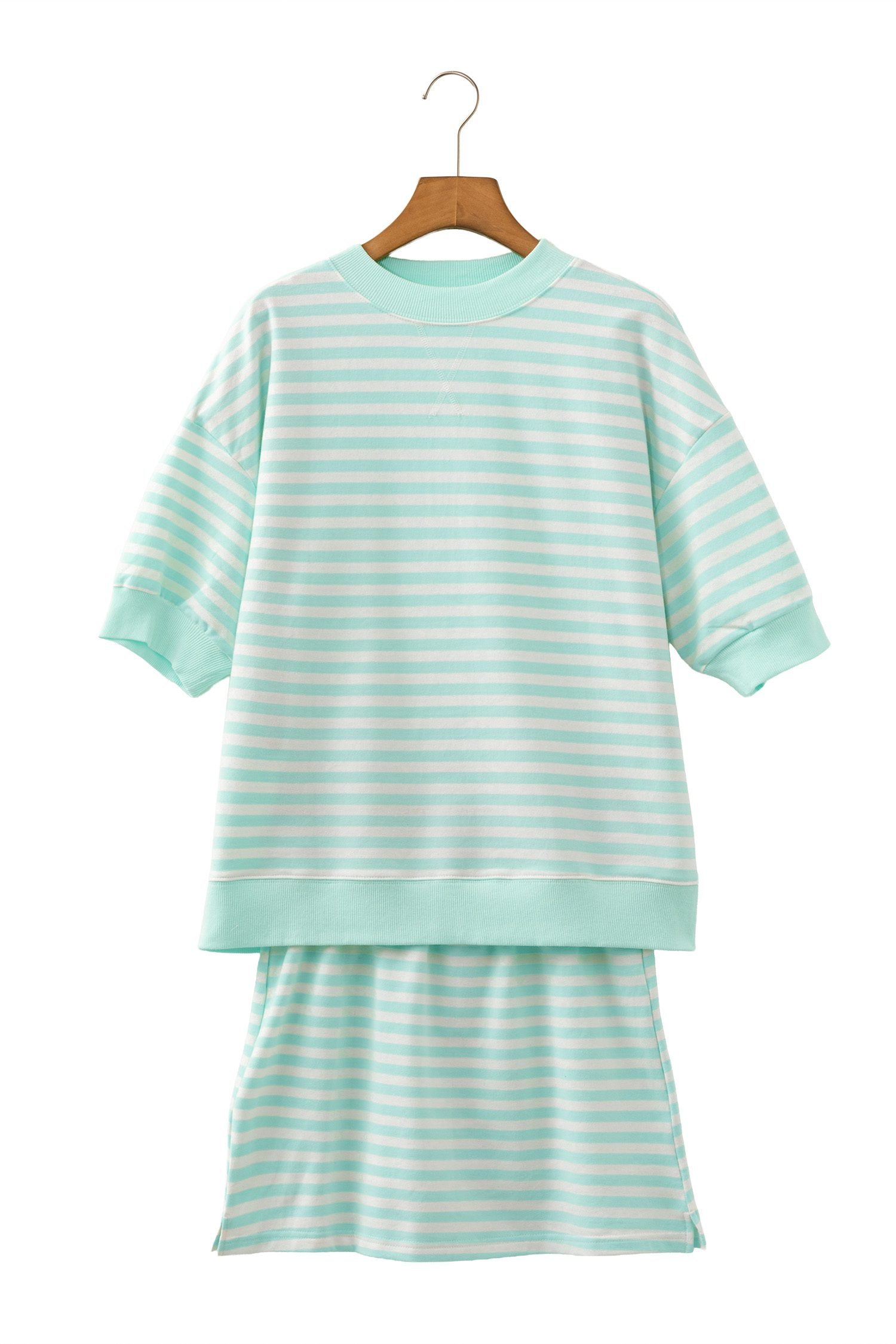 Green Stripe Ribbed Color Block Trim Half Sleeve Top Mini Skort 2pcs Outfit