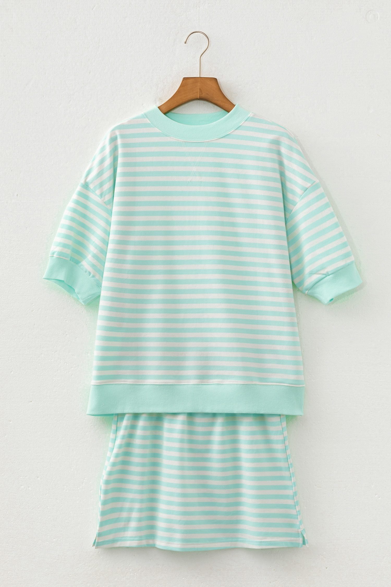 Green Stripe Ribbed Color Block Trim Half Sleeve Top Mini Skort 2pcs Outfit