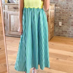 Green Stripe Scalloped Contrast Patchwork Knot Strap Midi Dress