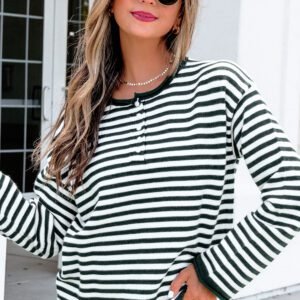 Green Stripe Striped Button Placket Drop Shoulder Long Sleeve Sweater