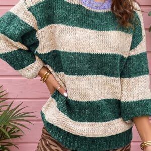 Green Stripe Striped Colorblock Drop Shoulder Pullover Sweater