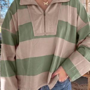 Green Striped Colorblock Zipper Pullover Long Sleeve Loose Top