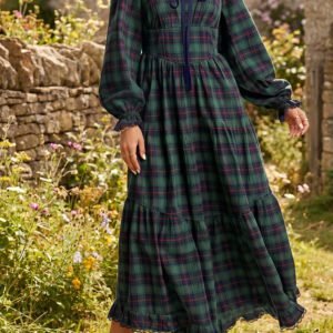 Green Vintage Plaid Square Neck Lace Trim Long Sleeve Shift Dress