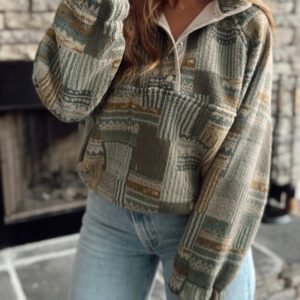 Green Western Print Fleece Pullover Long Sleeve Casual Fit Sweatshirt