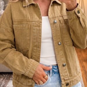 honey gold Metal Button Front Long Sleeve Collar Denim Jacket