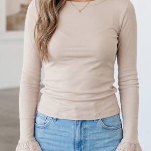 Jet Stream Lace Cuff Patchwork Round Neck Long Sleeve Top